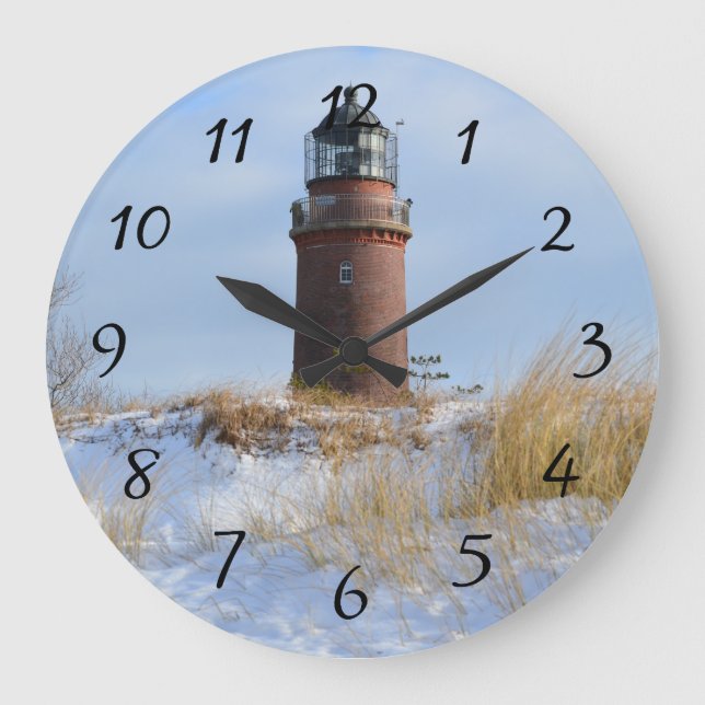 Sturdy Lighthouse on a Rocky Coast in Winter Large Clock (Front)
