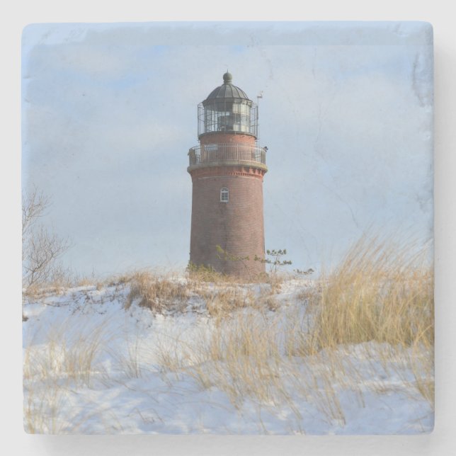 Sturdy Lighthouse on a Rocky Coast in Winter Stone Coaster (Front)