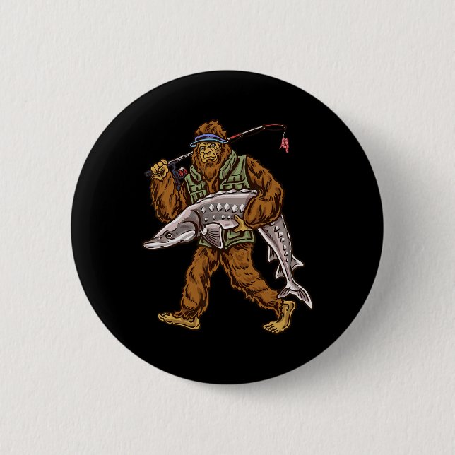 Sturgeon Fishing Bigfoot Fishermen  Button (Front)