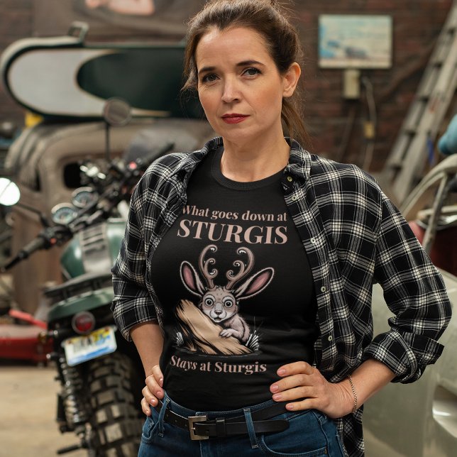 Sturgis Funny Motorcyclist Biker Lifestyle Humor T-Shirt (woman wearing a plaid jacket and Sturgis motorcycle gathering t-shirt
)