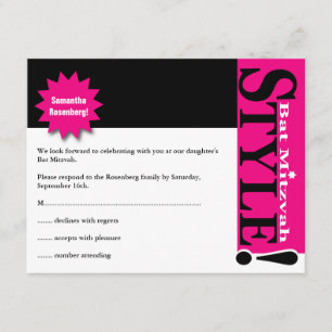 Style! Bat Mitzvah Magazine RSVP Reply Card Pink