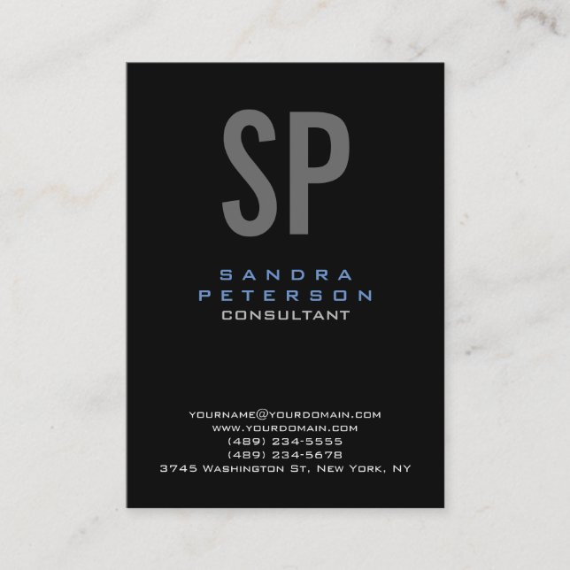 Style Black Blue Gray Monogram Modern Professional Business Card (Front)