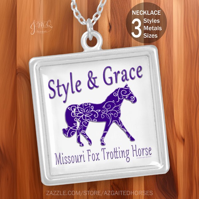 Style & Grace Missouri Fox Trotting Horse Necklace (Square silver necklace featuring a purple Missouri Fox Trotting Horse silhouette with floral pattern)
