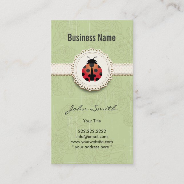 Style Ladybug & Lace Green Floral Business Card (Front)
