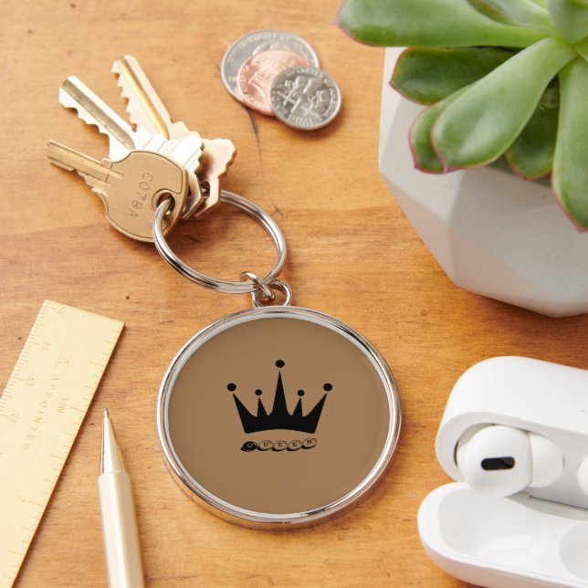 Style Premium Round Queen Text with Black Crown Keychain (Desk)