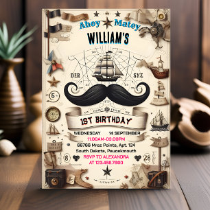 Style Ship Kids Cool Flag Boat Pirate 1st Birthday Invitation