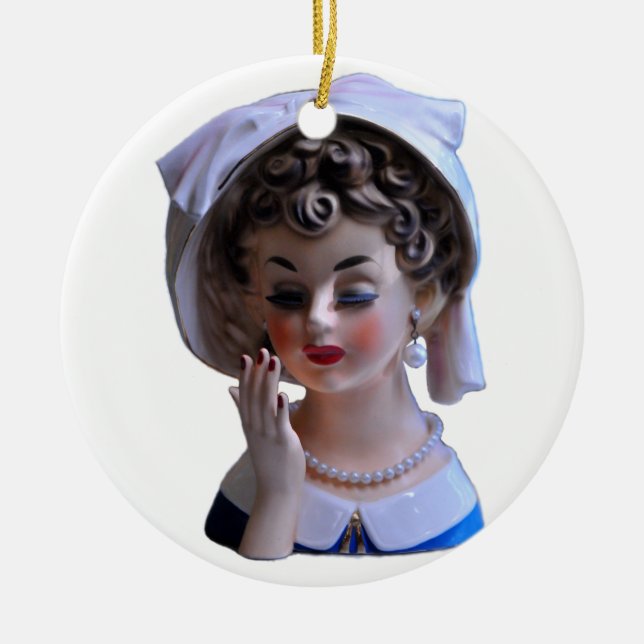 Stylin' Lady Head Vase Manicure Hat Eyelashes Ceramic Ornament (Front)