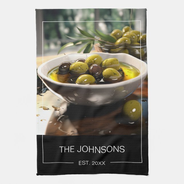 Stylis Black White Photo & Family Name Monogram  Kitchen Towel (Vertical)