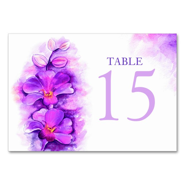 Stylised Orchid purple wedding table card numbers (Front)
