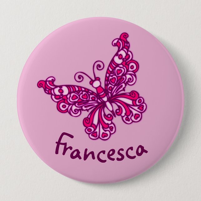 Stylised pink butterfly art name button (Front)
