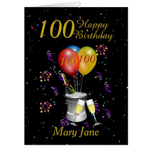 Stylish 100th Birthday Celebration Black Gold Big Card (Front)