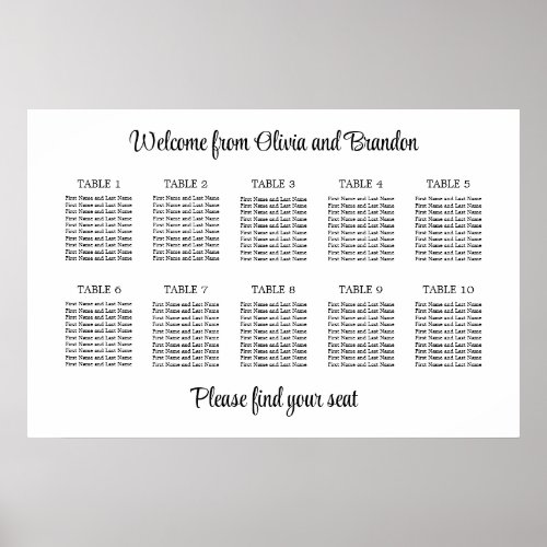 Stylish 10 Table Wedding Seating Chart Poster