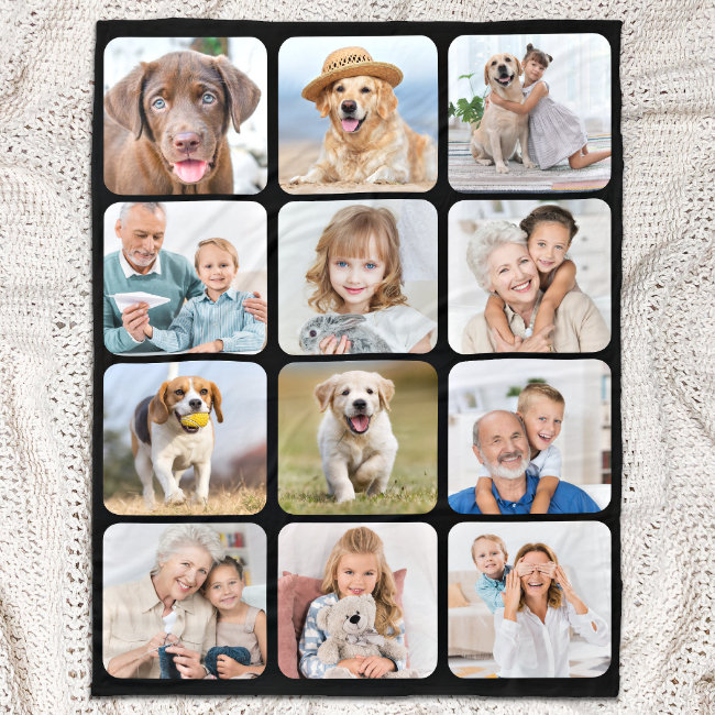 Stylish 12 Photo Collage Personalized Black Fleece Blanket