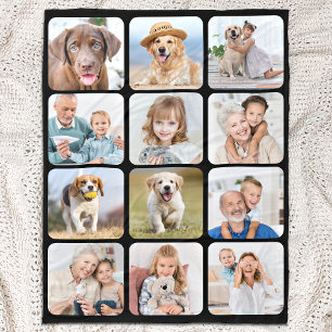 Stylish 12 Photo Collage Personalized Black Fleece Blanket