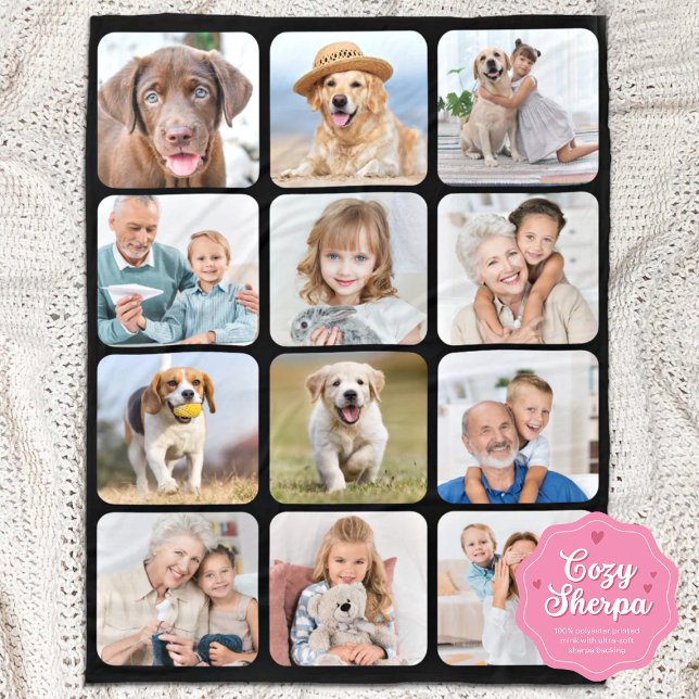 Stylish 12 Photo Collage Personalized Black Sherpa Blanket (Creator Uploaded)