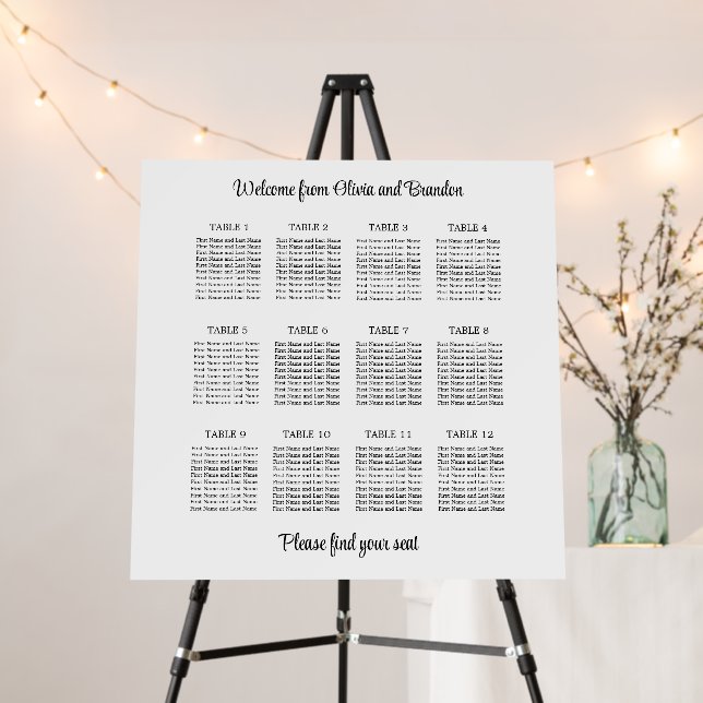 Stylish 12 Table Wedding Seating Chart Foam Board (In Situ (Stand))