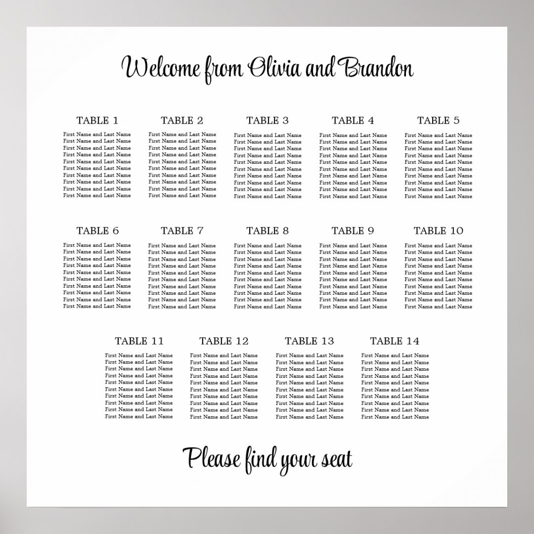 Stylish 14 Table Wedding Seating Chart Poster Zazzle
