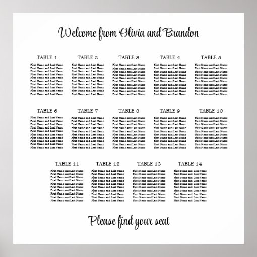 Stylish 14 Table Wedding Seating Chart Poster | Zazzle