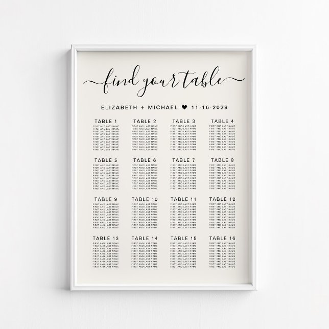 Stylish 16 Table Cream Wedding Seating Chart (Creator Uploaded)