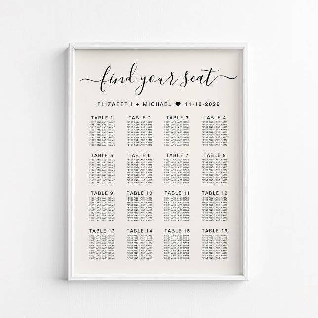 Stylish 16 Table Cream Wedding Seating Chart (Creator Uploaded)