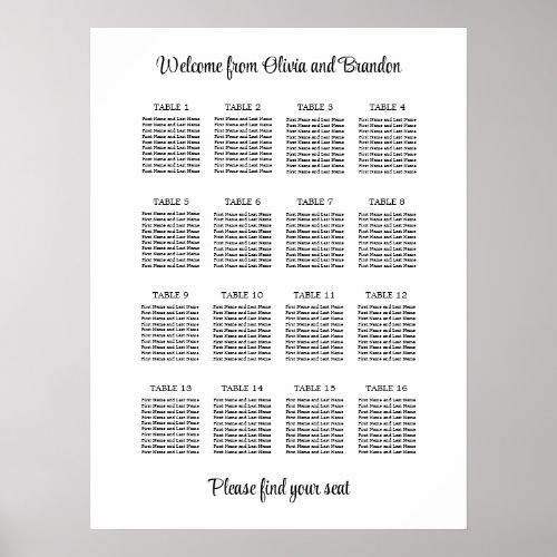 Stylish 16 Table Wedding Seating Chart Poster