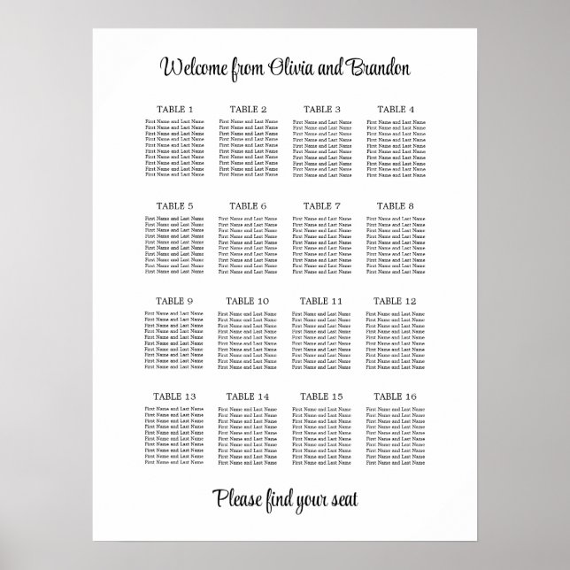 Stylish 16 Table Wedding Seating Chart Poster (Front)