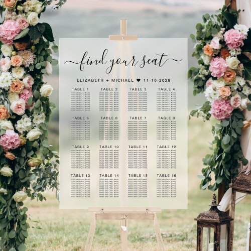 Stylish 16 Table Wedding Seating Frosted Acrylic Sign