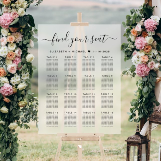 Stylish 16 Table Wedding Seating Frosted Acrylic Sign (Creator Uploaded)