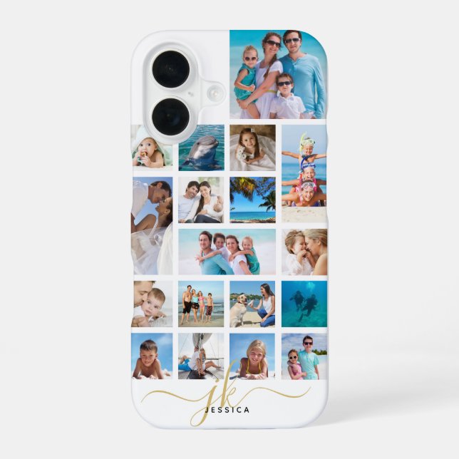 Stylish 18 Photo Collage Script Monogram Name Iphone Case (Back)