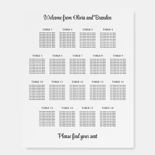 Stylish 18 Table Wedding Seating Chart Foam Board (Front)