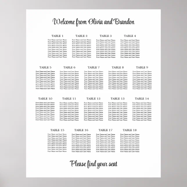 Stylish 18 Table Wedding Seating Chart Poster | Zazzle