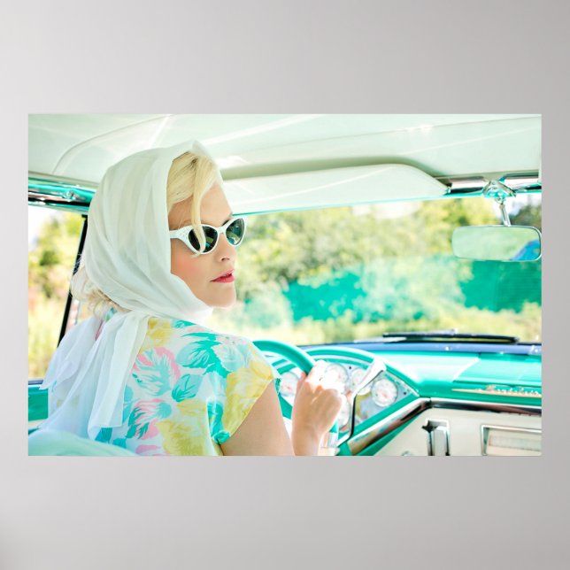 Stylish 1950s woman driving a classic automobile, poster (Front)