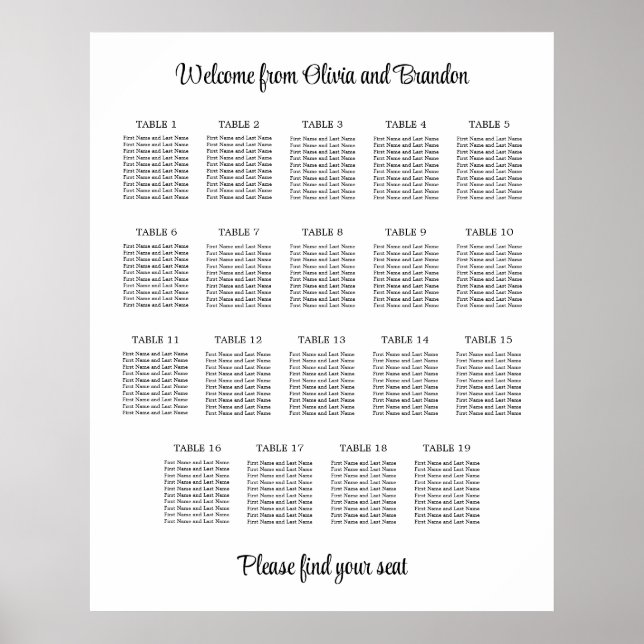 Stylish 19 Table Wedding Seating Chart Poster (Front)
