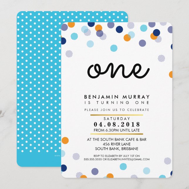 STYLISH 1ST birthday party INVITE blue orange boy (Front/Back)