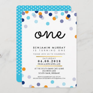 STYLISH 1ST birthday party INVITE blue orange boy