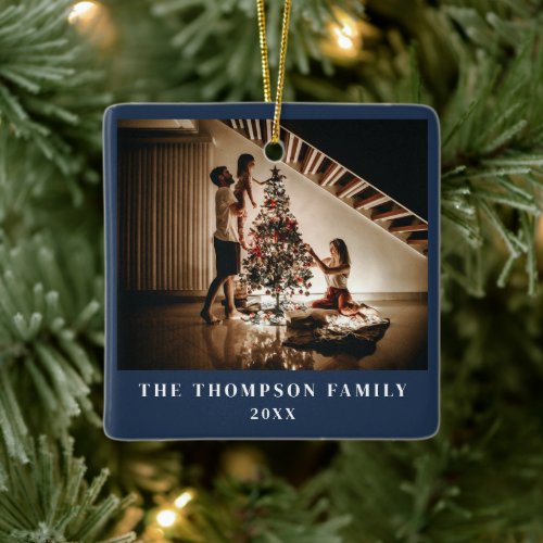 Stylish 2023 Family Photo Minimalist Navy Blue Ceramic Ornament