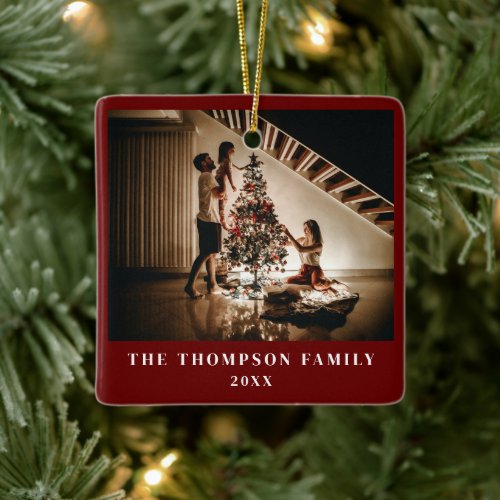 Stylish 2024 Family Photo Minimalist Dark Red Ceramic Ornament