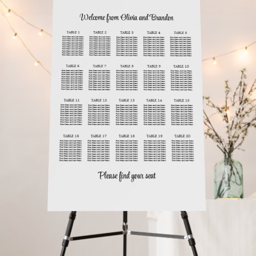 Stylish 20 Table Wedding Seating Chart Foam Board