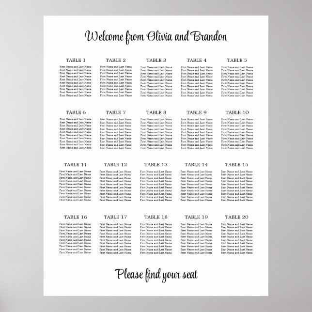 Stylish 20 Table Wedding Seating Chart Poster (Front)