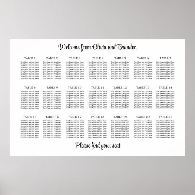 Stylish 21 Table Wedding Seating Chart Poster (Front)