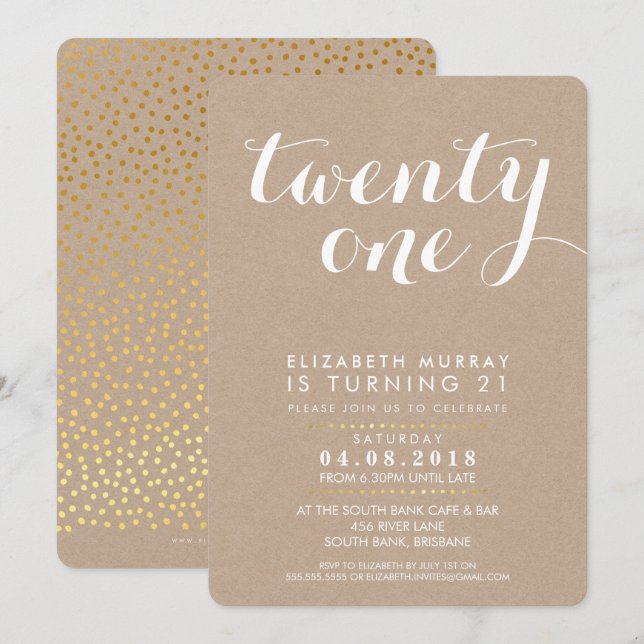 STYLISH 21st birthday party INVITE white on kraft (Front/Back)