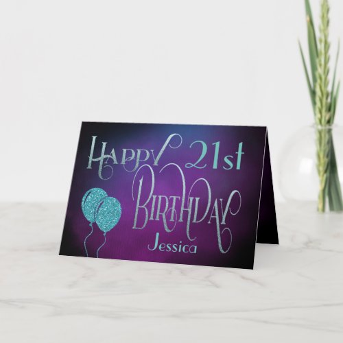 Stylish 21st Name Purple Teal Happy Birthday Card