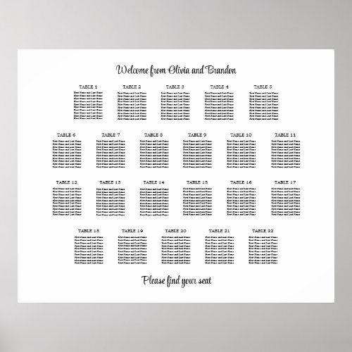 Stylish 22 Table Wedding Seating Chart Poster