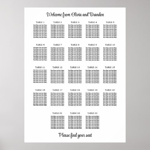 Stylish 23 Table Wedding Seating Chart Poster