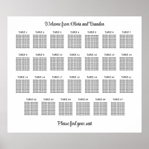 Stylish 27 Table Wedding Seating Chart Poster