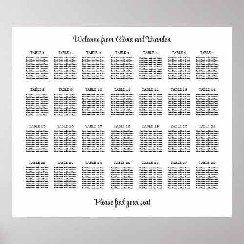 Stylish 28 Table Wedding Seating Chart Poster