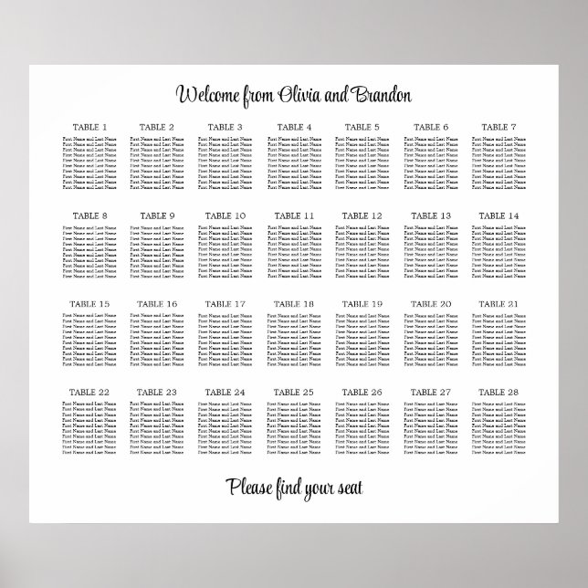 Stylish 28 Table Wedding Seating Chart Poster (Front)