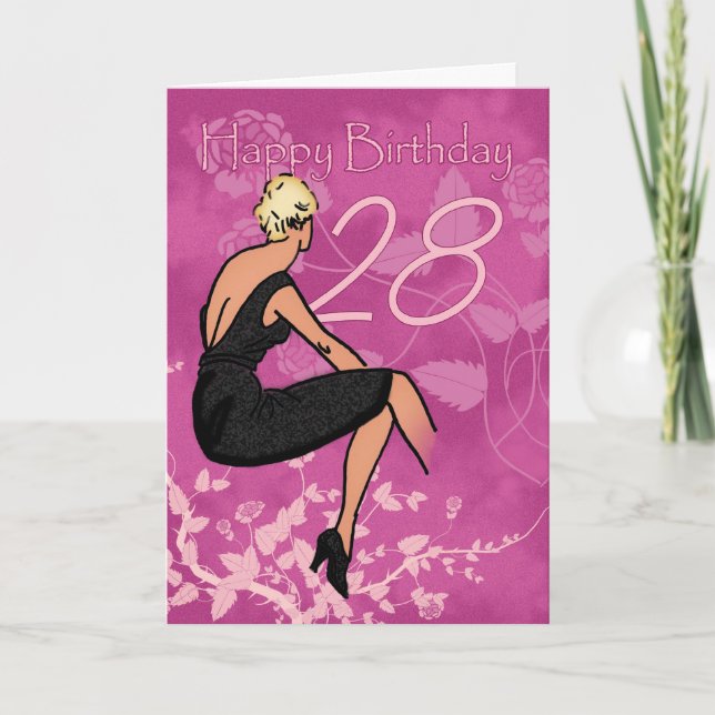 Stylish 28th Birthday Card - Modern Female In Blac (Front)