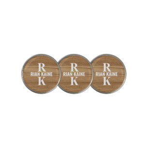 Stylish 2-letter Monograms on Faux Rustic Wood Golf Ball Marker