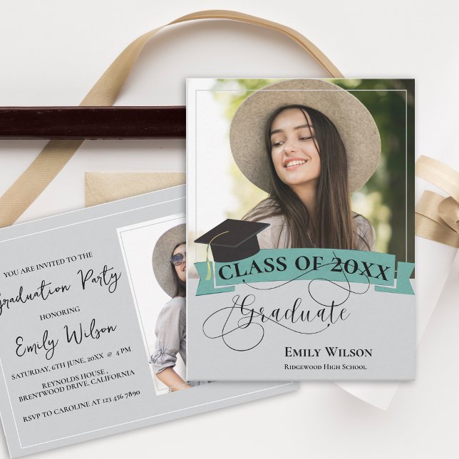 Stylish 2 Photo 2026 Graduation Party Invitation Postcard (Stylish 2 Photo 2025 Graduation Party Invitation Postcard)